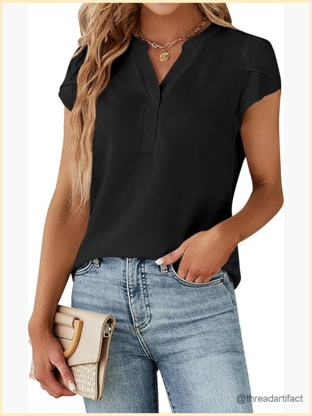 Dressy Casual Blouse with Button Down, Cap Sleeve, V-Neck, Regular Fit